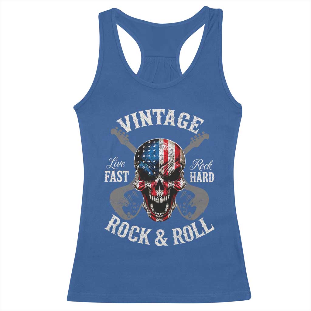 Vintage Rock and Roll Skull Guitar Rocker Racerback Tank Top Live Fast Rock Hard American Flag