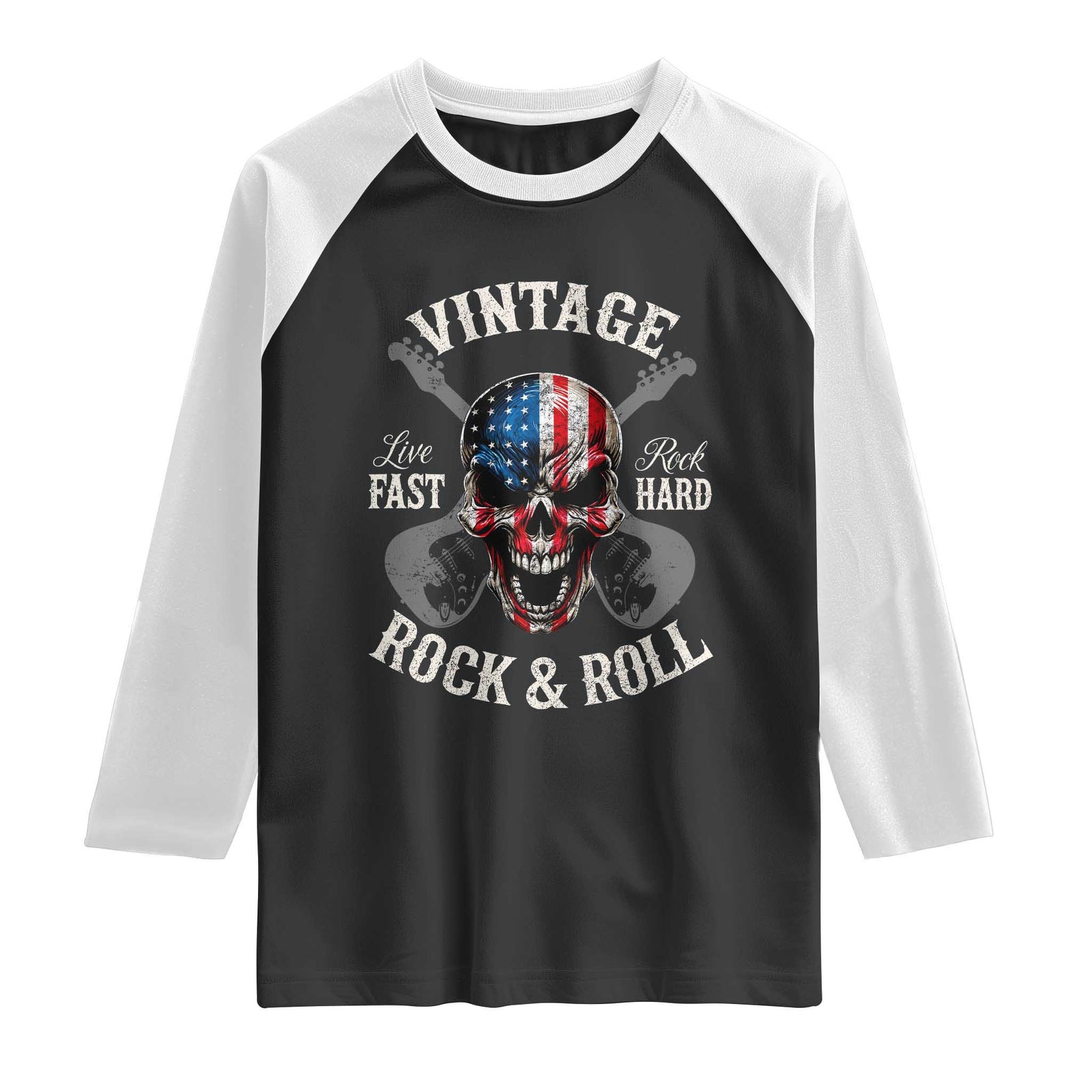 Vintage Rock and Roll Skull Guitar Rocker Raglan Shirt Live Fast Rock Hard American Flag TS11 Black White Print Your Wear
