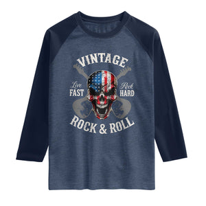 Vintage Rock and Roll Skull Guitar Rocker Raglan Shirt Live Fast Rock Hard American Flag