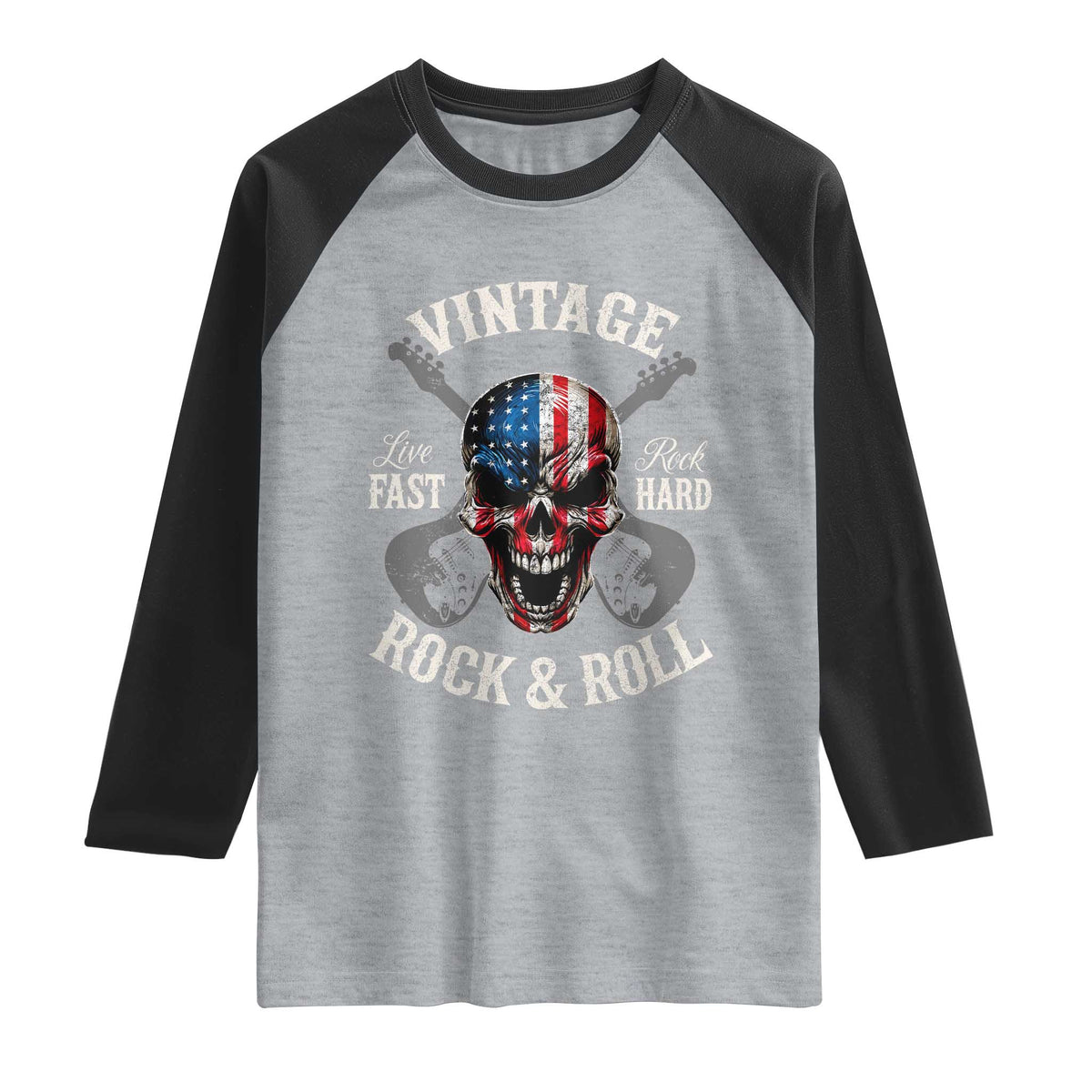 Vintage Rock and Roll Skull Guitar Rocker Raglan Shirt Live Fast Rock Hard American Flag