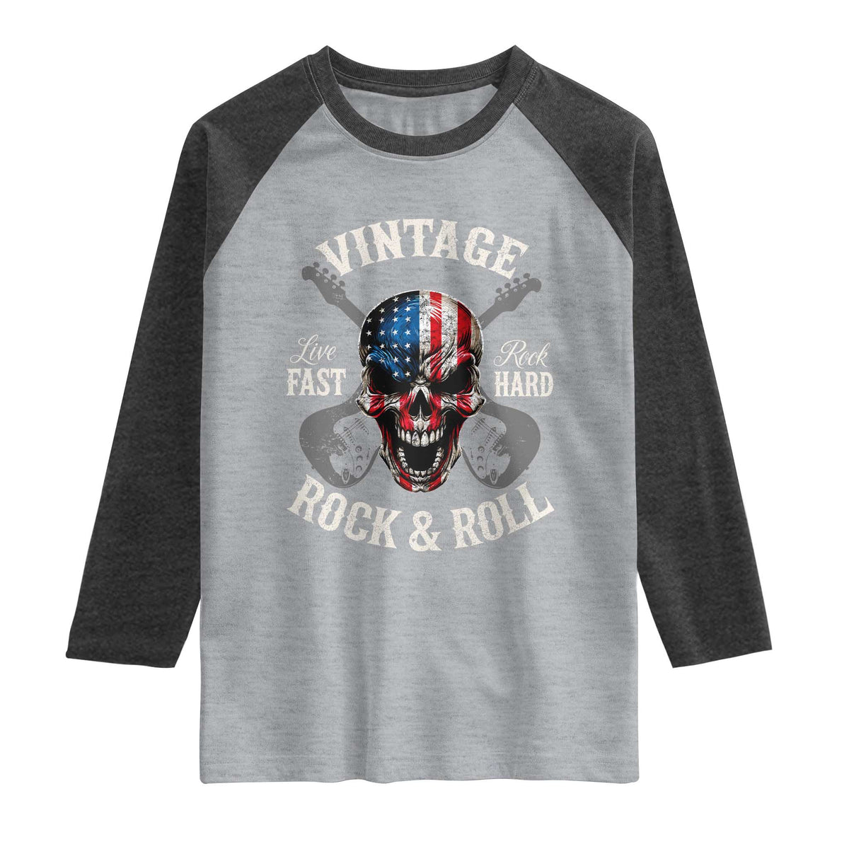 Vintage Rock and Roll Skull Guitar Rocker Raglan Shirt Live Fast Rock Hard American Flag