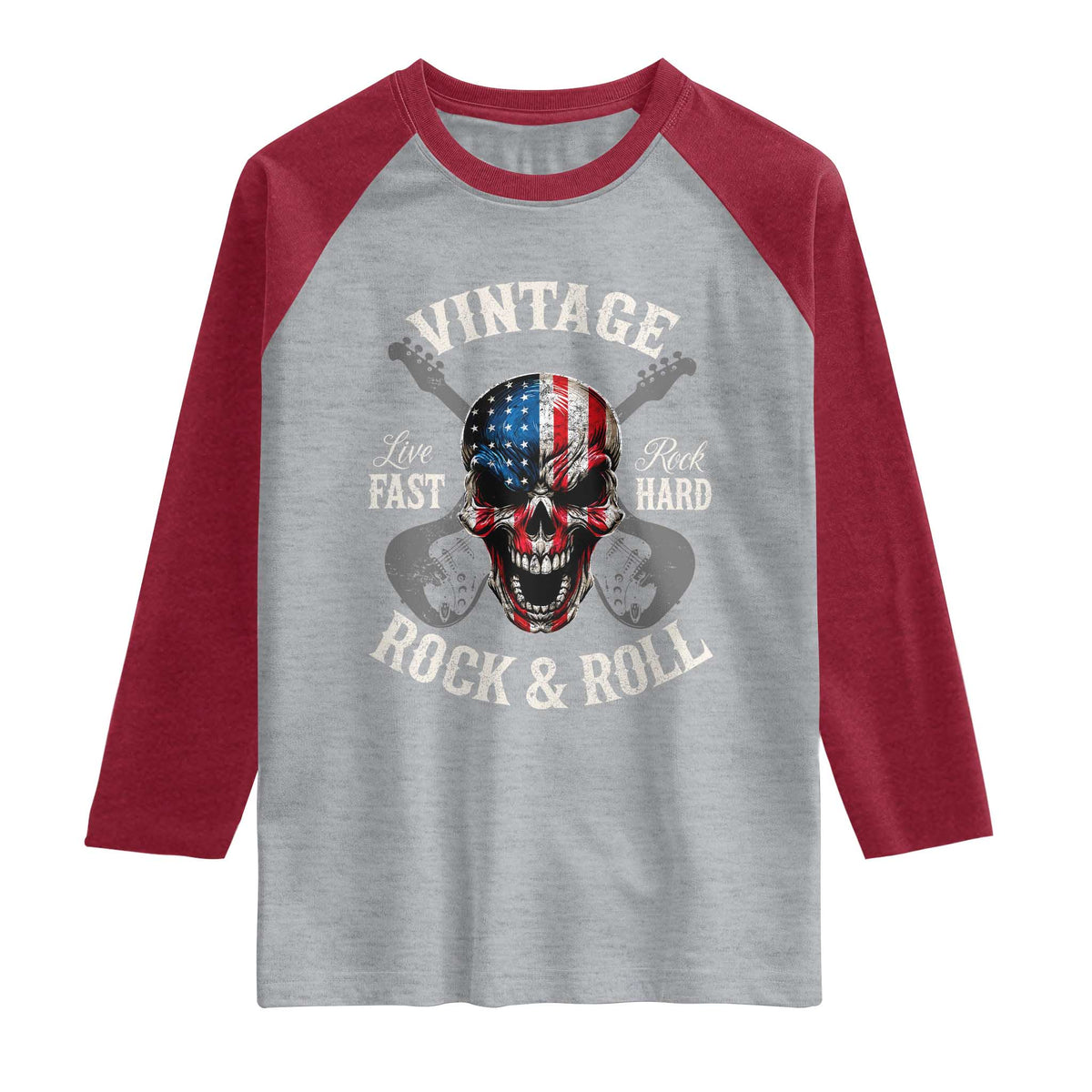 Vintage Rock and Roll Skull Guitar Rocker Raglan Shirt Live Fast Rock Hard American Flag