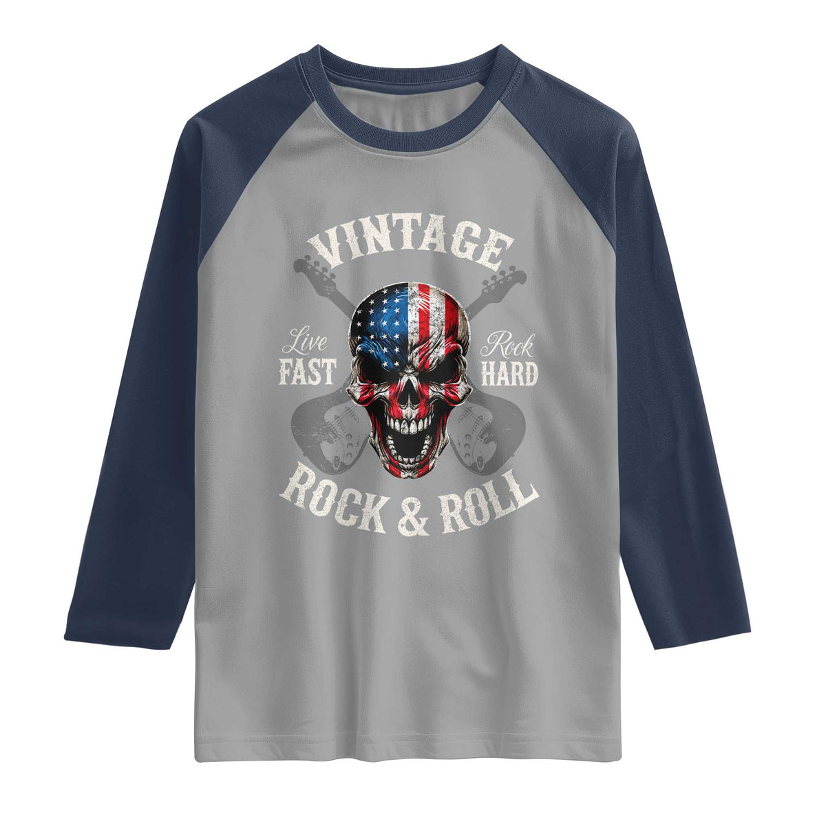Vintage Rock and Roll Skull Guitar Rocker Raglan Shirt Live Fast Rock Hard American Flag