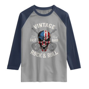 Vintage Rock and Roll Skull Guitar Rocker Raglan Shirt Live Fast Rock Hard American Flag