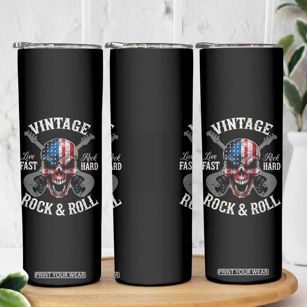 Vintage Rock and Roll Skull Guitar Rocker Skinny Tumbler Live Fast Rock Hard American Flag