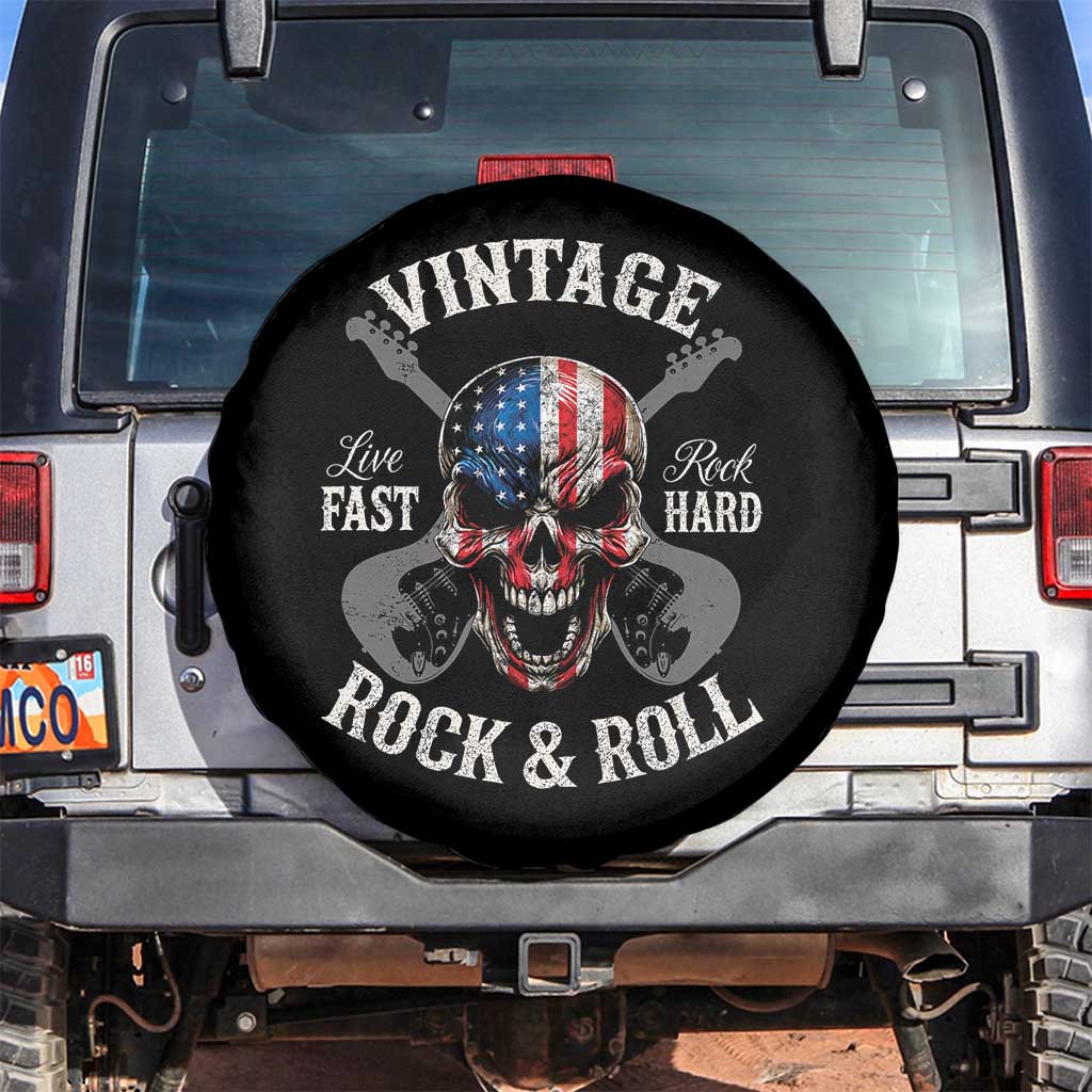 Vintage Rock and Roll Skull Guitar Rocker Spare Tire Cover Live Fast Rock Hard American Flag TS11 No hole Black Print Your Wear