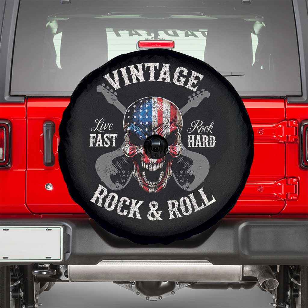 Vintage Rock and Roll Skull Guitar Rocker Spare Tire Cover Live Fast Rock Hard American Flag