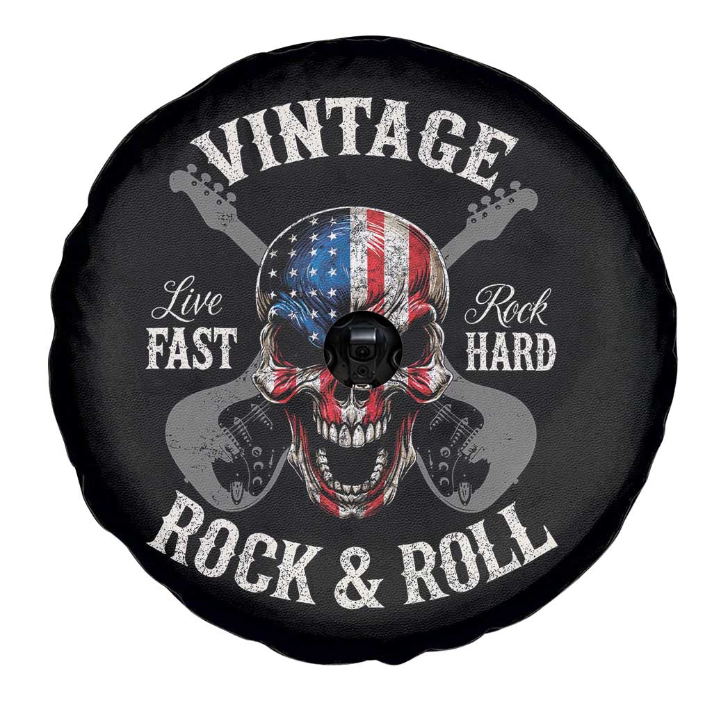 Vintage Rock and Roll Skull Guitar Rocker Spare Tire Cover Live Fast Rock Hard American Flag