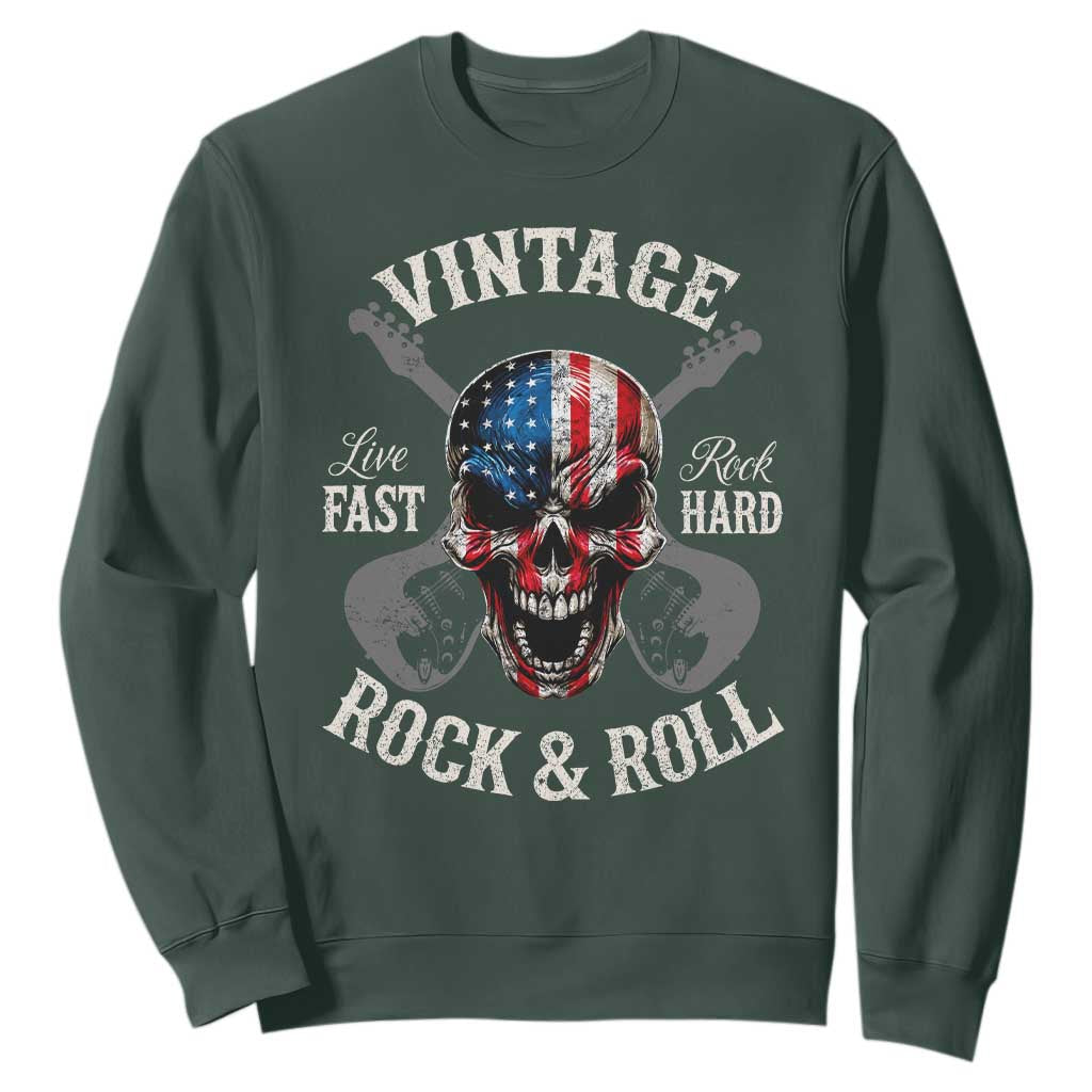 Vintage Rock and Roll Skull Guitar Rocker Sweatshirt Live Fast Rock Hard American Flag