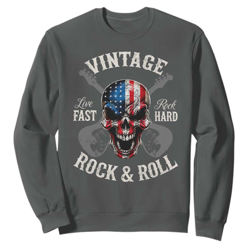 Vintage Rock and Roll Skull Guitar Rocker Sweatshirt Live Fast Rock Hard American Flag