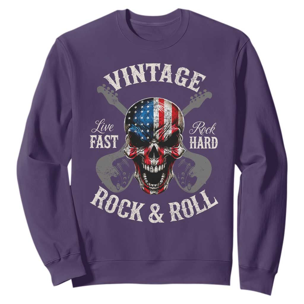 Vintage Rock and Roll Skull Guitar Rocker Sweatshirt Live Fast Rock Hard American Flag