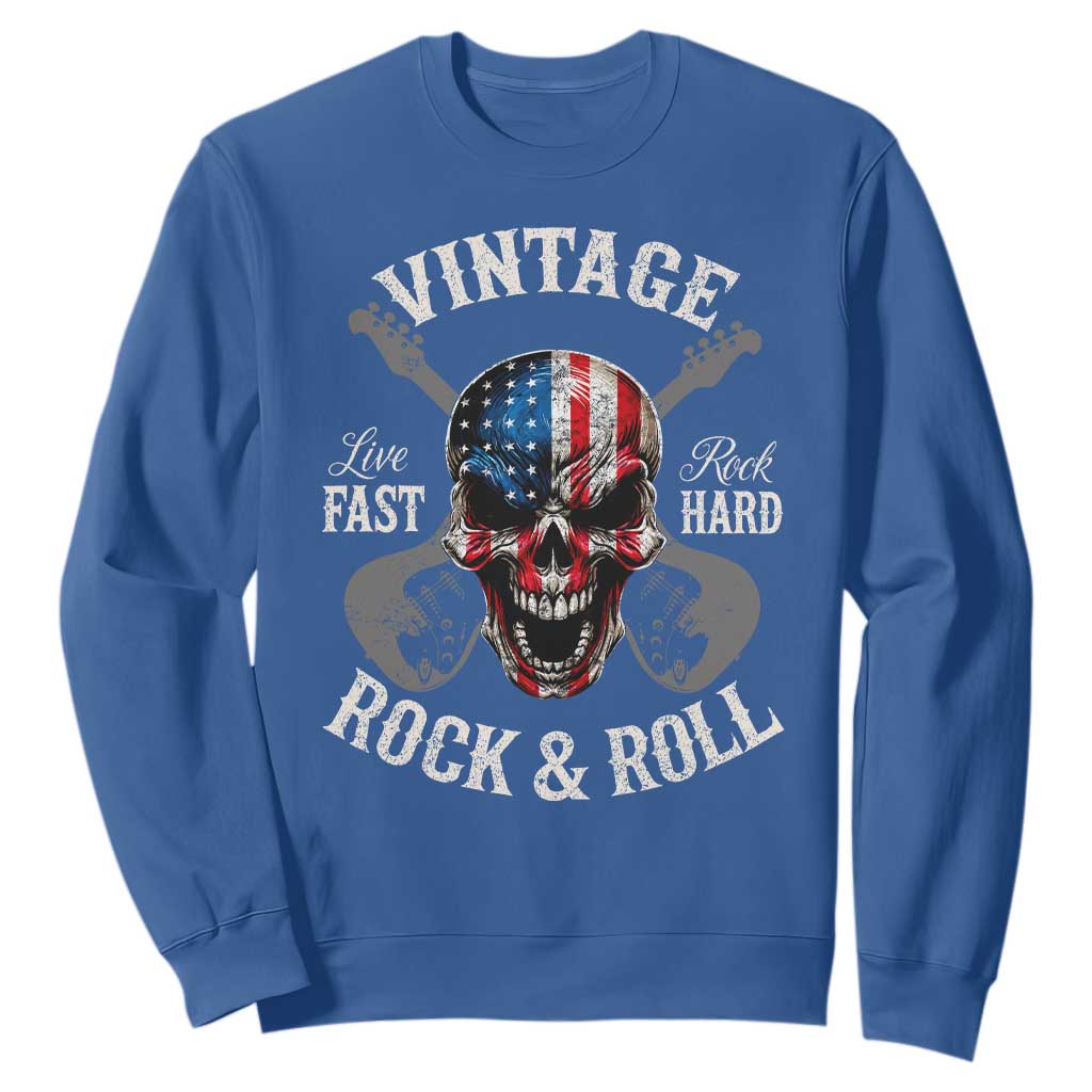 Vintage Rock and Roll Skull Guitar Rocker Sweatshirt Live Fast Rock Hard American Flag