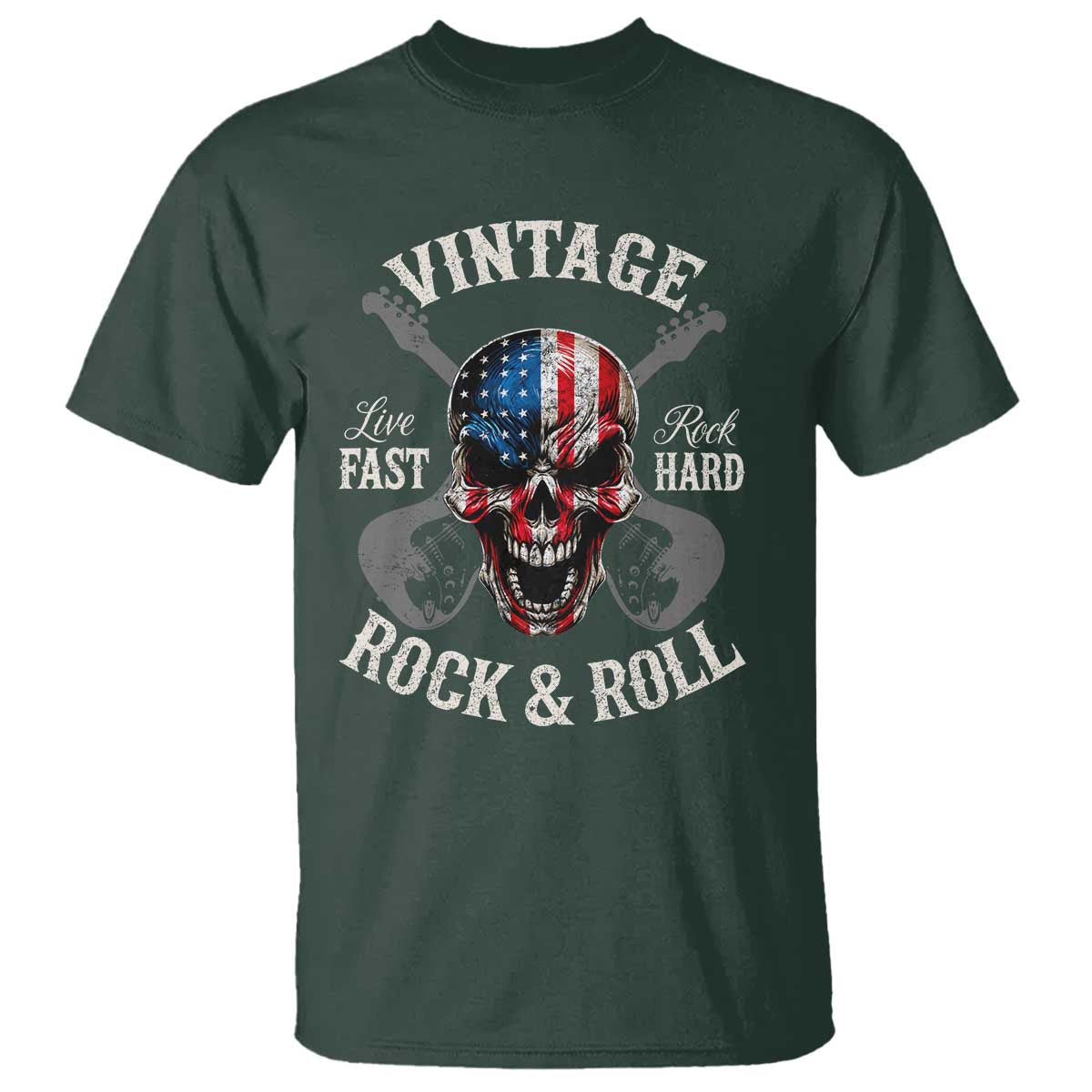 Vintage Rock and Roll Skull Guitar Rocker T Shirt Live Fast Rock Hard American Flag