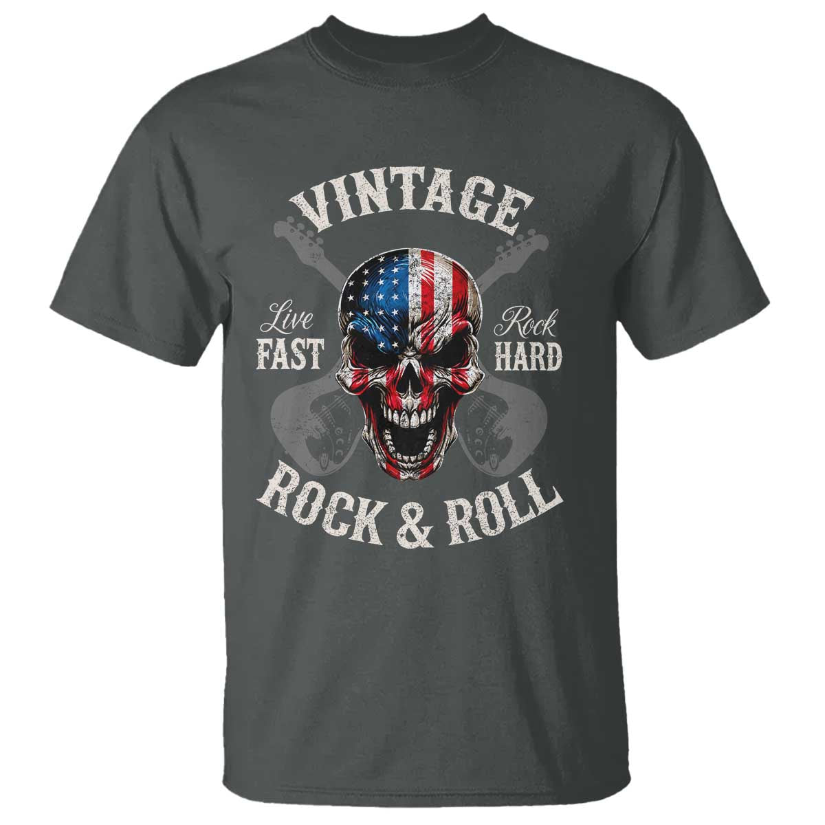 Vintage Rock and Roll Skull Guitar Rocker T Shirt Live Fast Rock Hard American Flag
