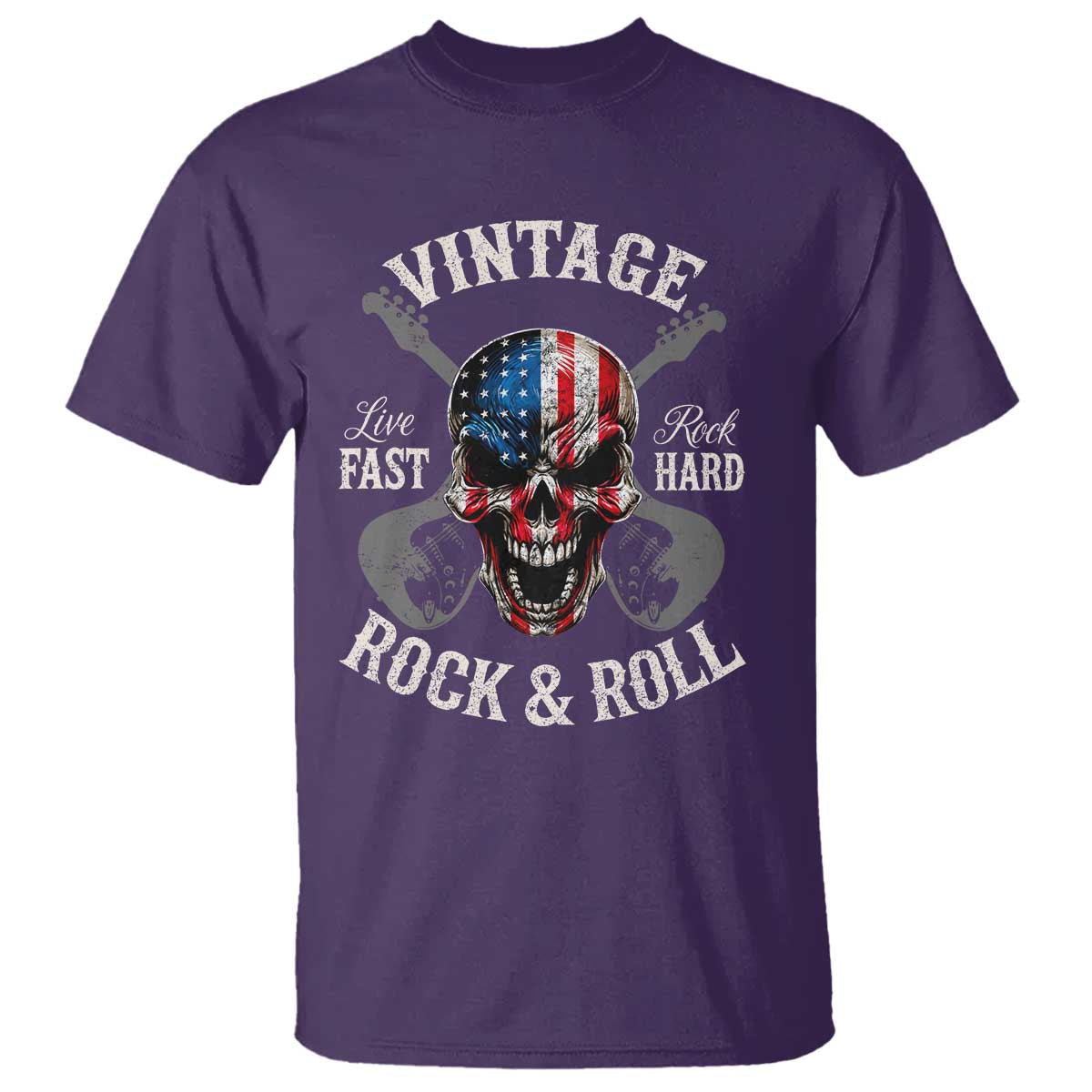 Vintage Rock and Roll Skull Guitar Rocker T Shirt Live Fast Rock Hard American Flag