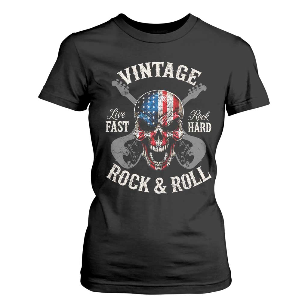 Vintage Rock and Roll Skull Guitar Rocker T Shirt For Women Live Fast Rock Hard American Flag