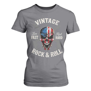 Vintage Rock and Roll Skull Guitar Rocker T Shirt For Women Live Fast Rock Hard American Flag