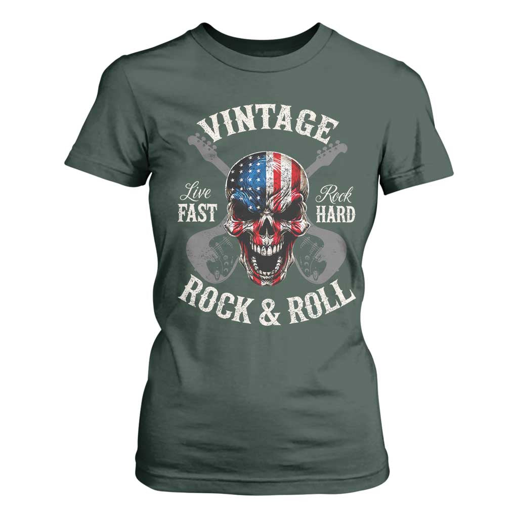 Vintage Rock and Roll Skull Guitar Rocker T Shirt For Women Live Fast Rock Hard American Flag