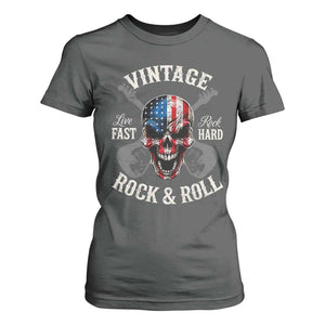 Vintage Rock and Roll Skull Guitar Rocker T Shirt For Women Live Fast Rock Hard American Flag