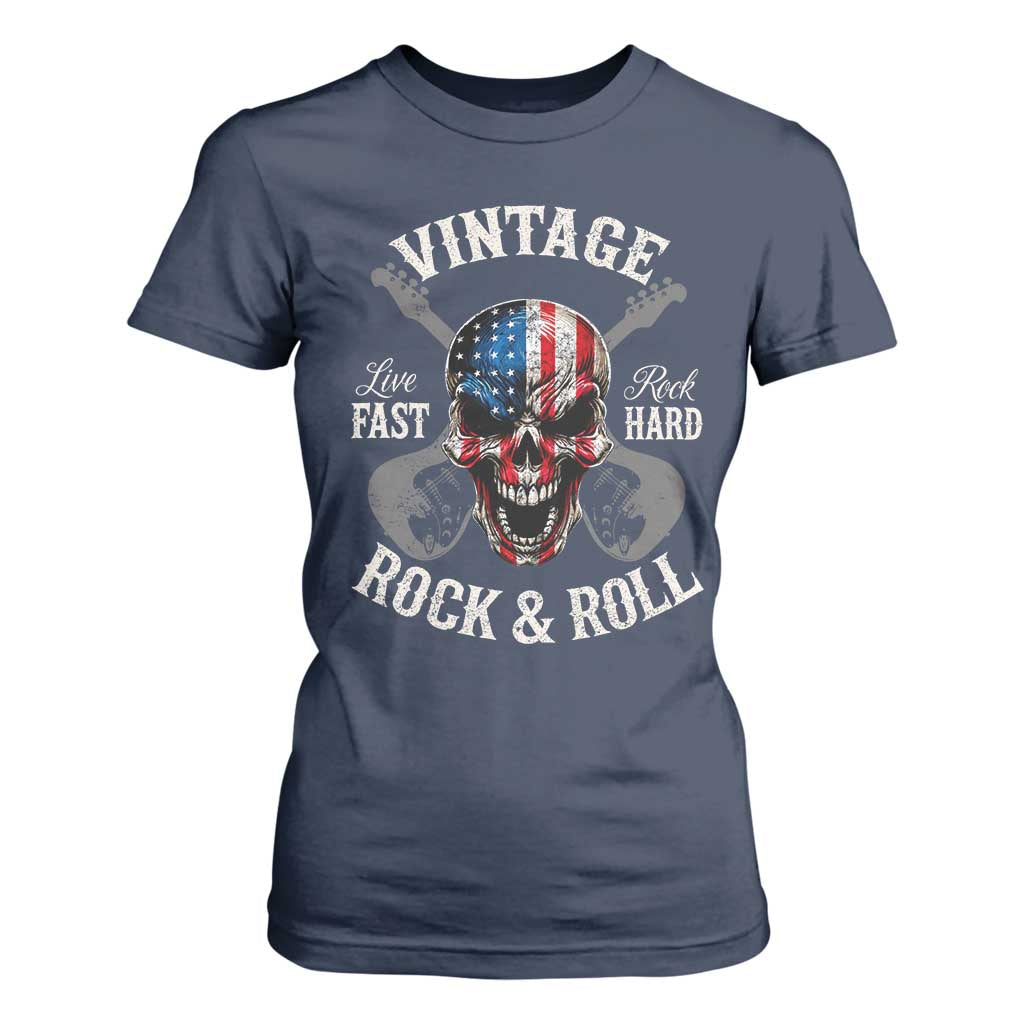 Vintage Rock and Roll Skull Guitar Rocker T Shirt For Women Live Fast Rock Hard American Flag