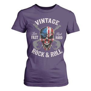 Vintage Rock and Roll Skull Guitar Rocker T Shirt For Women Live Fast Rock Hard American Flag
