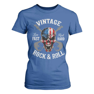 Vintage Rock and Roll Skull Guitar Rocker T Shirt For Women Live Fast Rock Hard American Flag