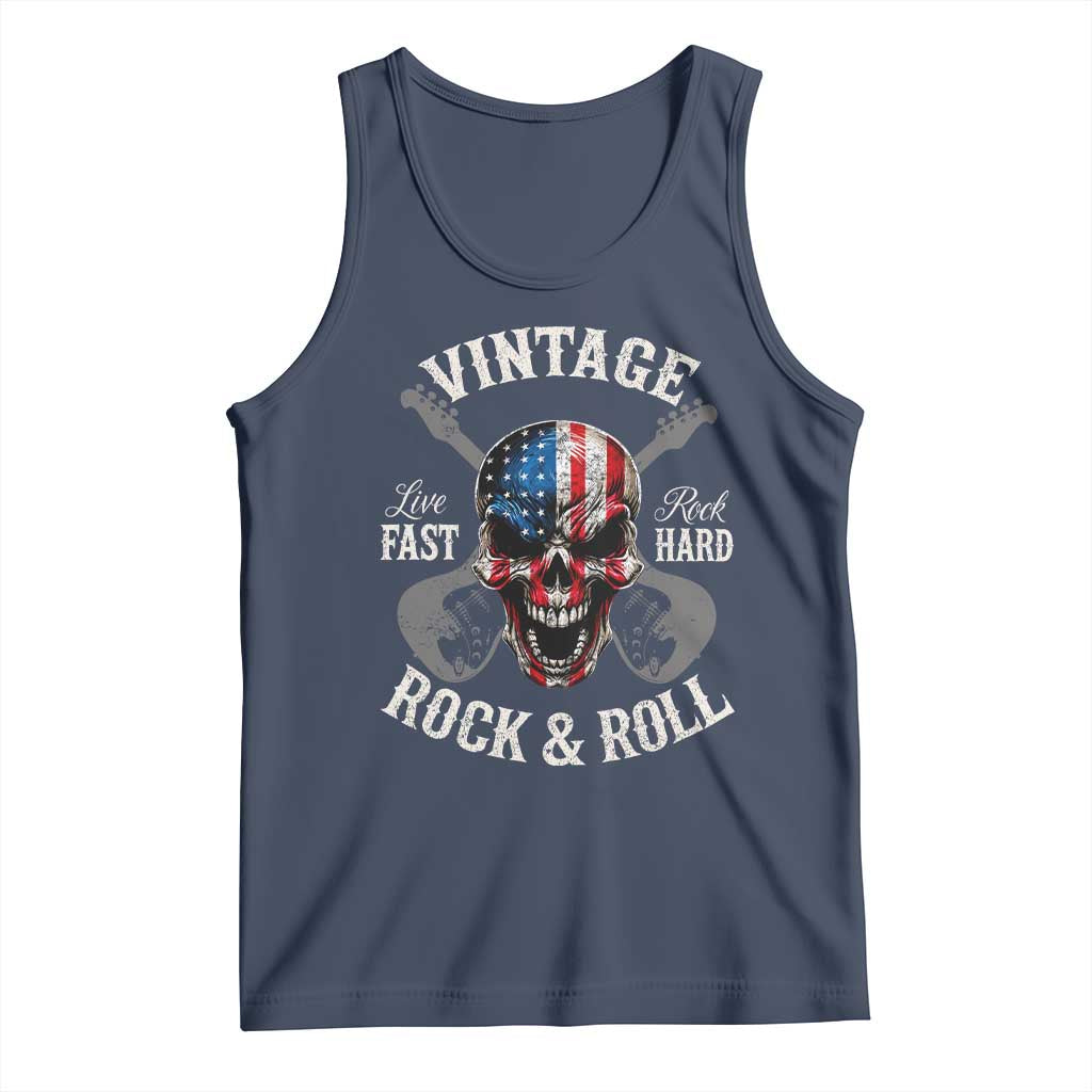 Vintage Rock and Roll Skull Guitar Rocker Tank Top Live Fast Rock Hard American Flag