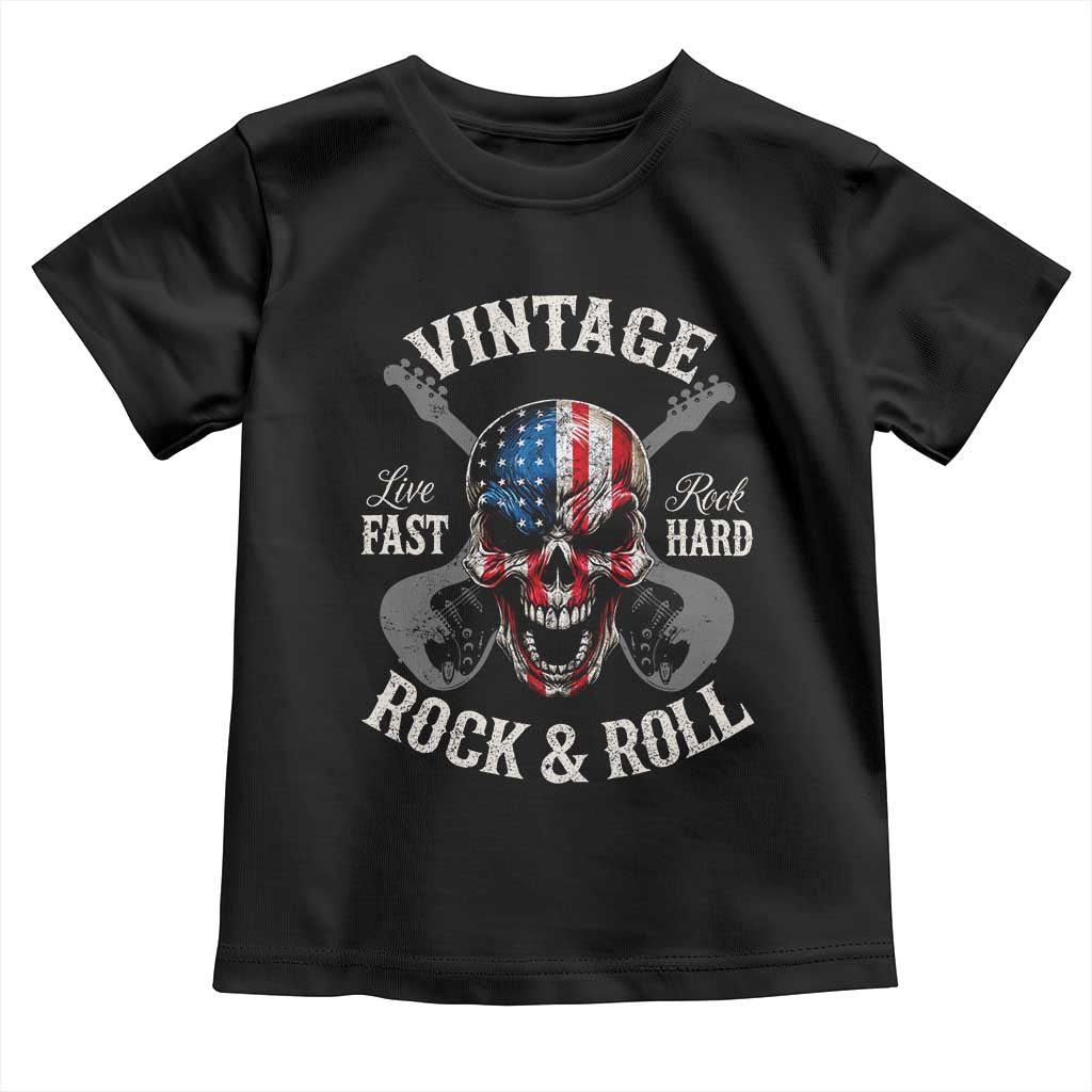 Vintage Rock and Roll Skull Guitar Rocker Toddler T Shirt Live Fast Rock Hard American Flag