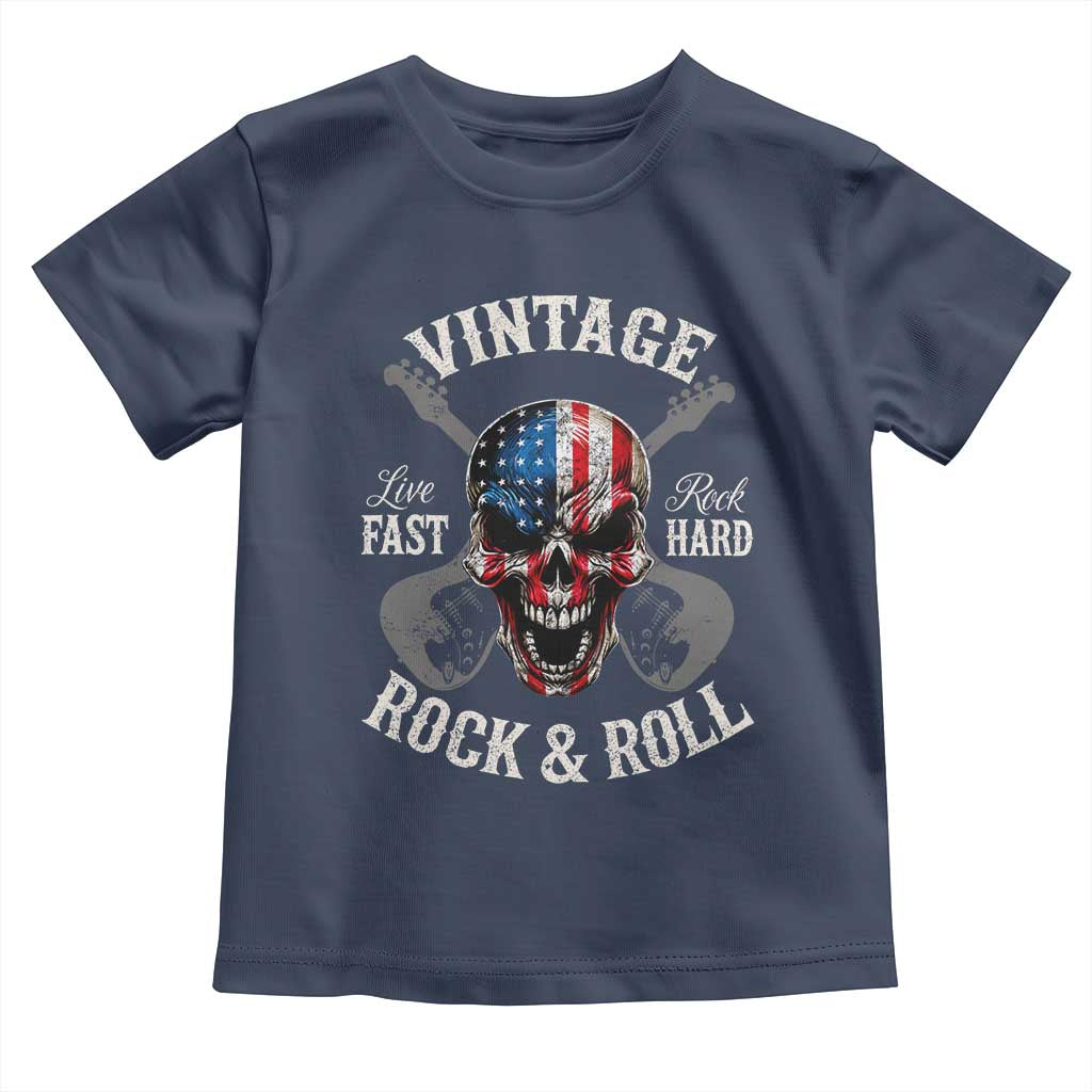 Vintage Rock and Roll Skull Guitar Rocker Toddler T Shirt Live Fast Rock Hard American Flag