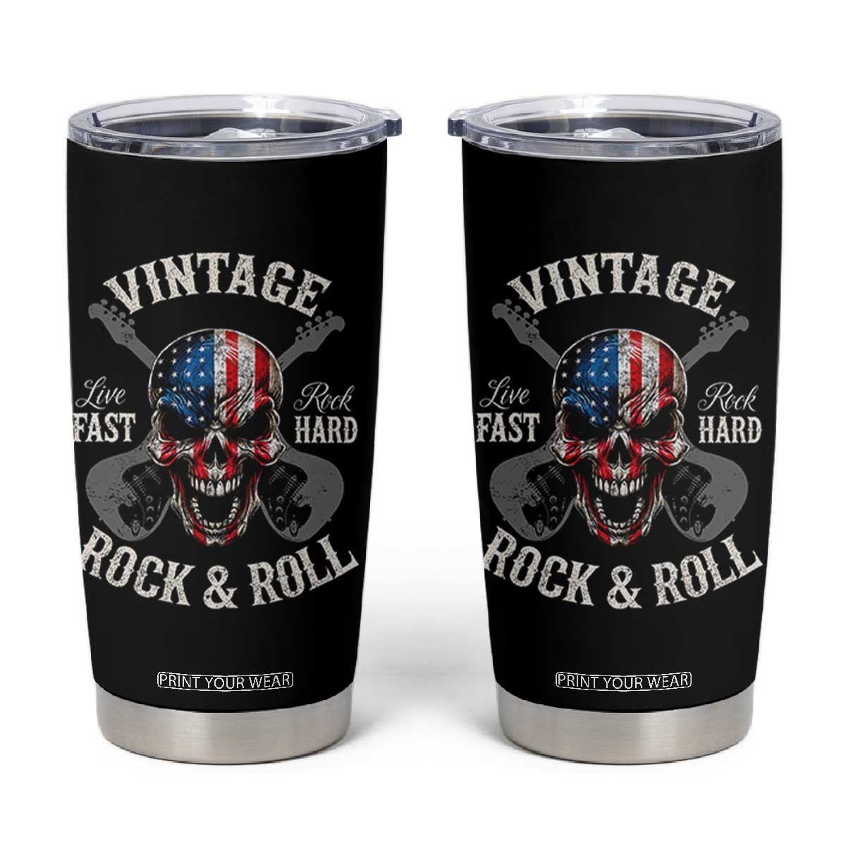 Vintage Rock and Roll Skull Guitar Rocker Tumbler Cup Live Fast Rock Hard American Flag