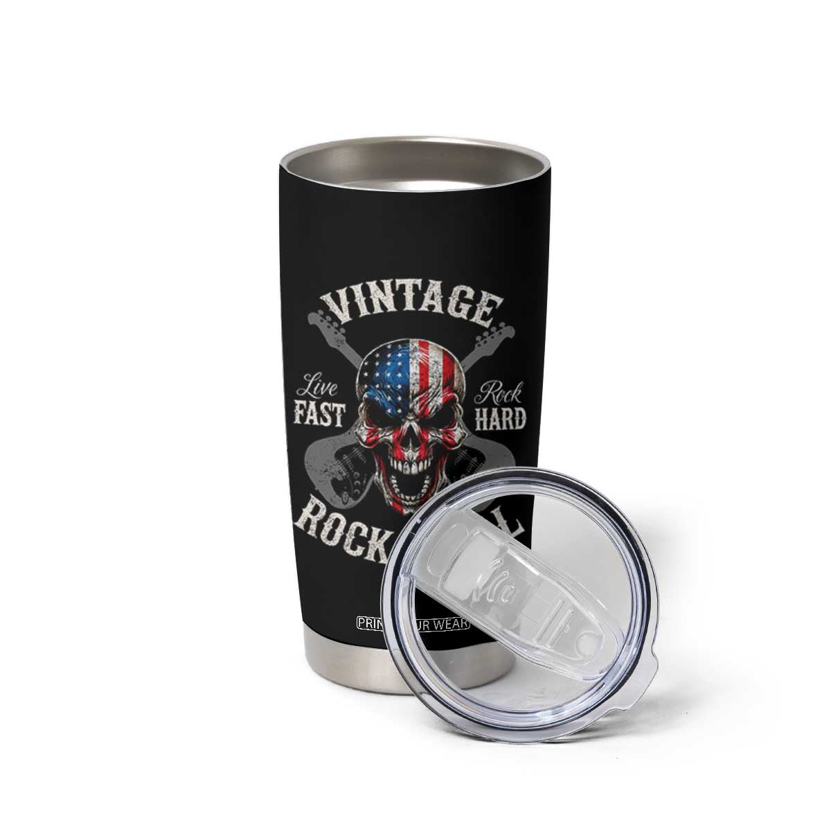 Vintage Rock and Roll Skull Guitar Rocker Tumbler Cup Live Fast Rock Hard American Flag