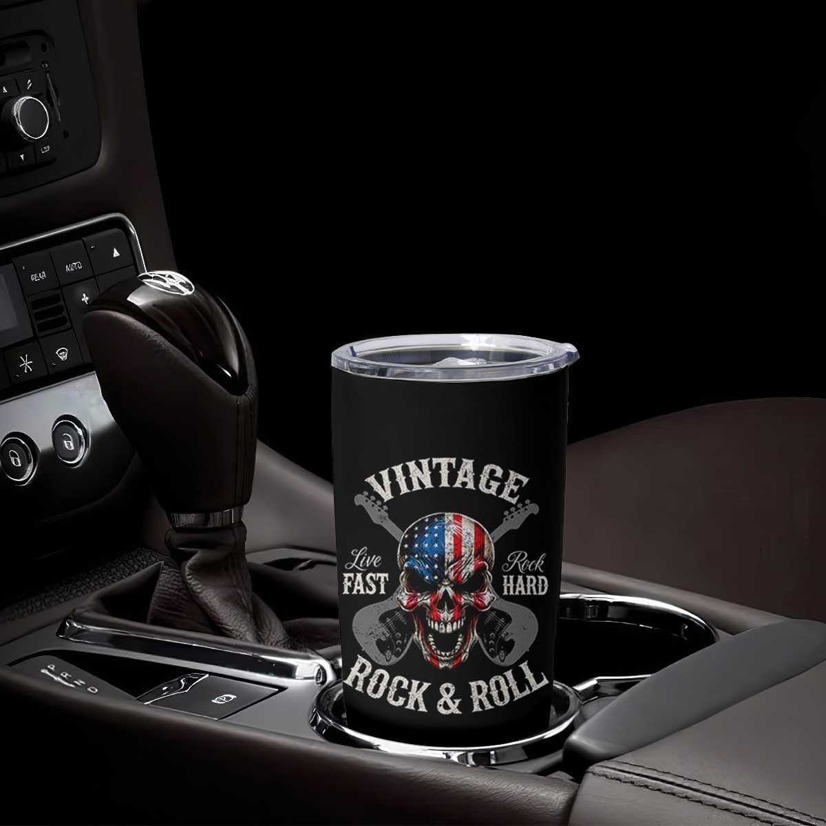 Vintage Rock and Roll Skull Guitar Rocker Tumbler Cup Live Fast Rock Hard American Flag