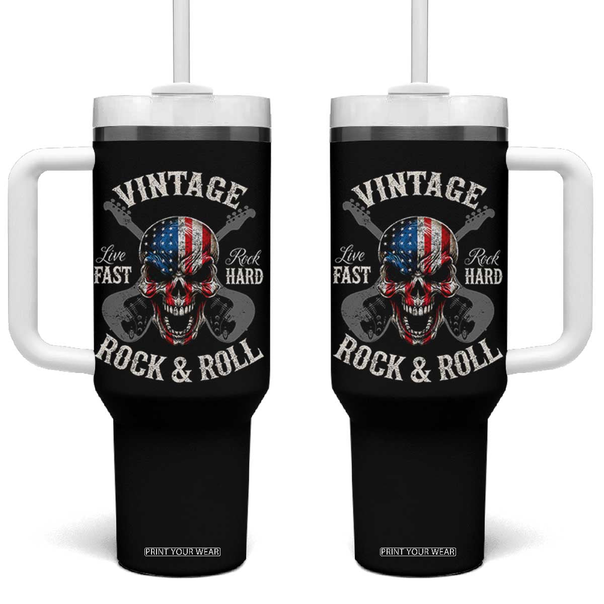 Vintage Rock and Roll Skull Guitar Rocker Tumbler With Handle Live Fast Rock Hard American Flag