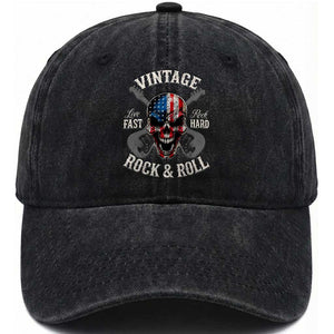 Vintage Rock and Roll Skull Guitar Rocker Washed Cotton Baseball Cap Live Fast Rock Hard American Flag
