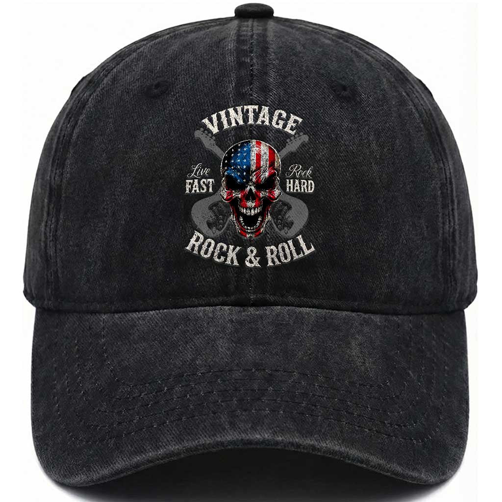 Vintage Rock and Roll Skull Guitar Rocker Washed Cotton Baseball Cap Live Fast Rock Hard American Flag TS11 Print Your Wear