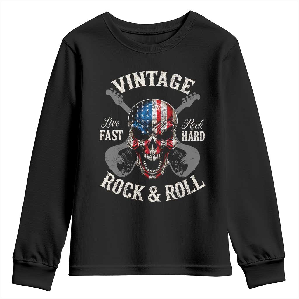 Vintage Rock and Roll Skull Guitar Rocker Youth Sweatshirt Live Fast Rock Hard American Flag TS11 Black Print Your Wear