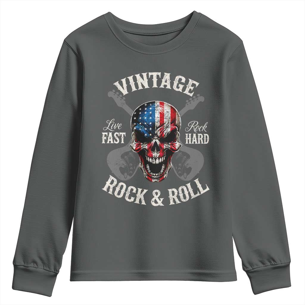 Vintage Rock and Roll Skull Guitar Rocker Youth Sweatshirt Live Fast Rock Hard American Flag