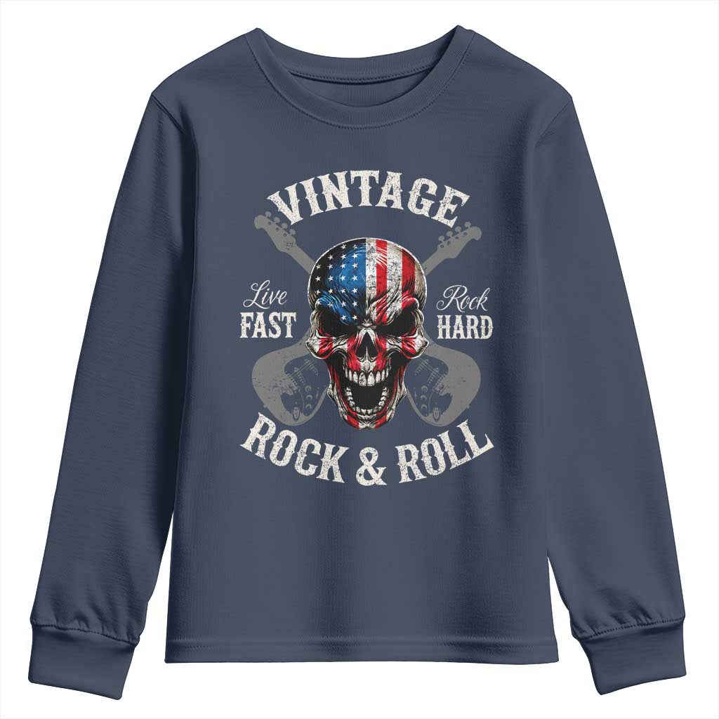 Vintage Rock and Roll Skull Guitar Rocker Youth Sweatshirt Live Fast Rock Hard American Flag