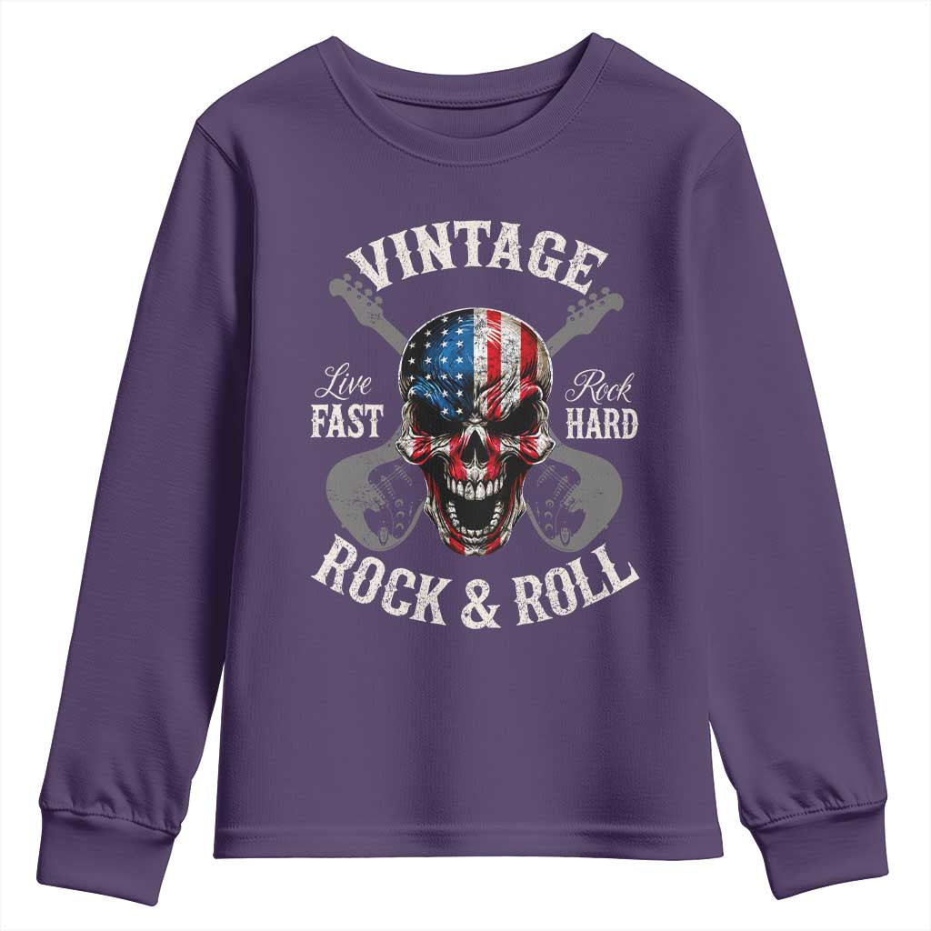 Vintage Rock and Roll Skull Guitar Rocker Youth Sweatshirt Live Fast Rock Hard American Flag