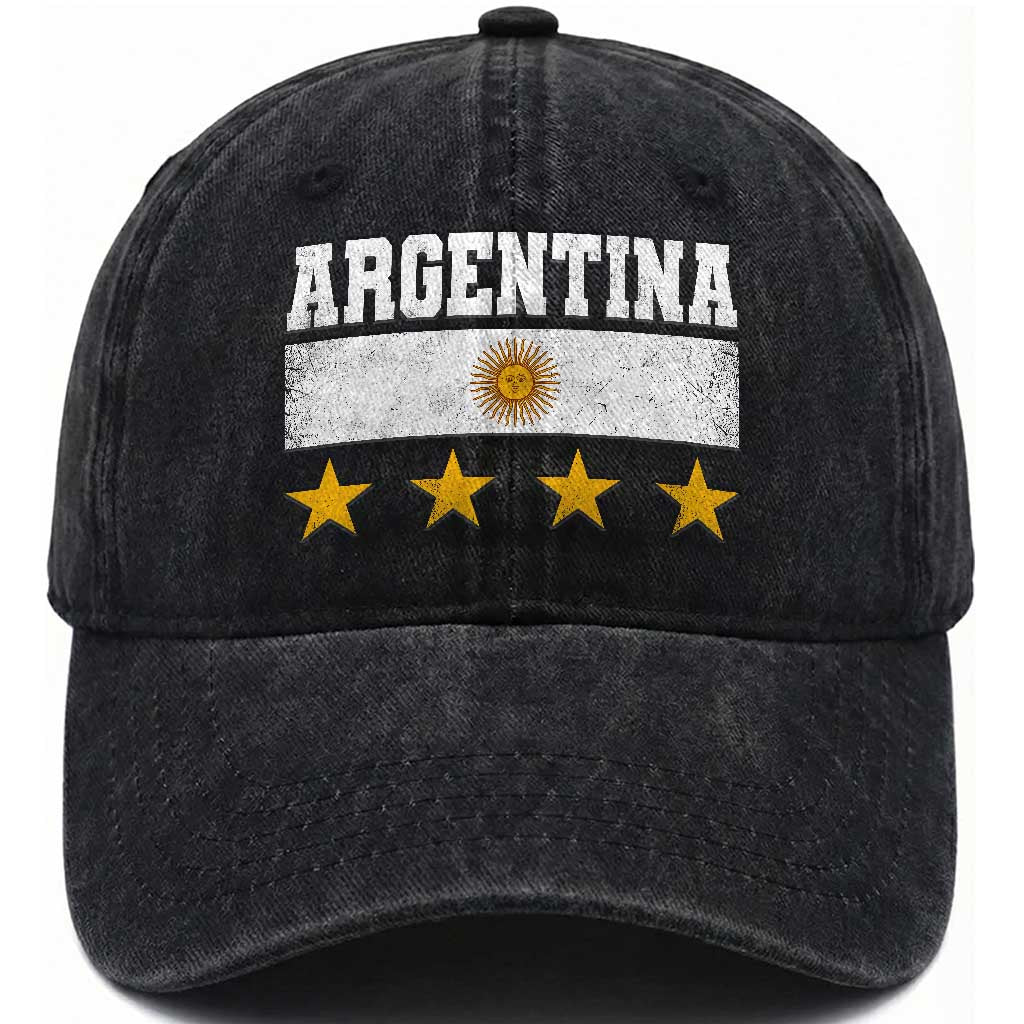 Argentina Champions 2026 4th Star Washed Cotton Baseball Cap Vintage Sol De May and Stripes TS11 Print Your Wear