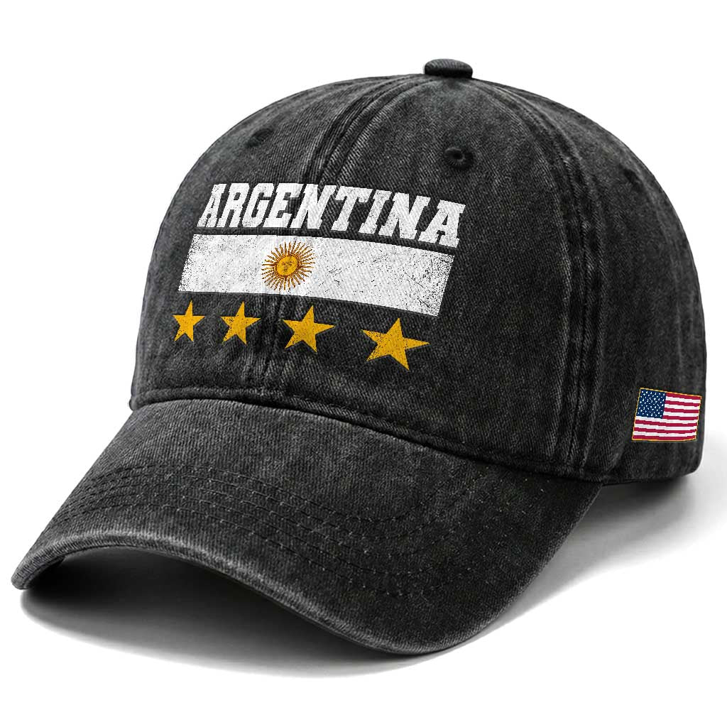 Argentina Champions 2026 4th Star Washed Cotton Baseball Cap Vintage Sol De May and Stripes