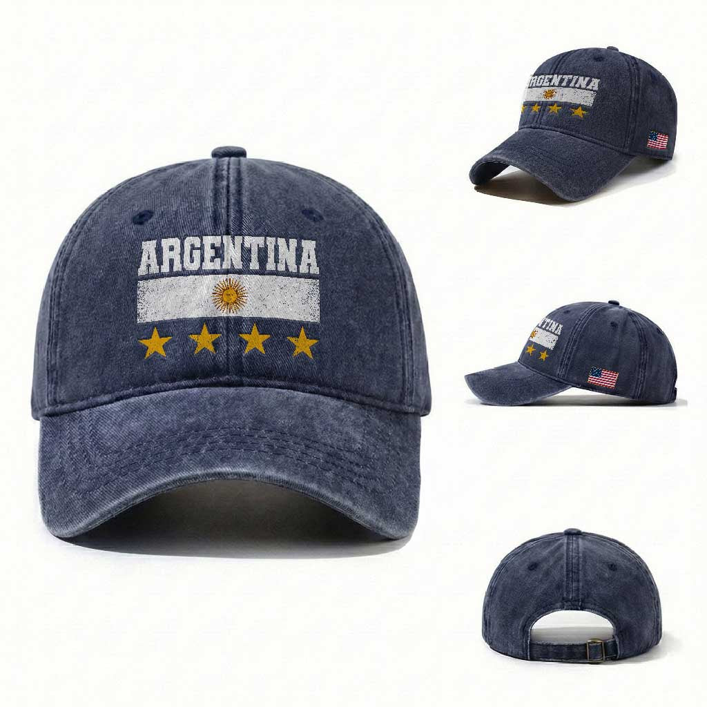 Argentina Champions 2026 4th Star Washed Cotton Baseball Cap Vintage Sol De May and Stripes