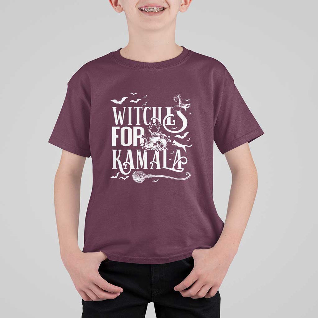 Harris Supporter T Shirt For Kid Witches For Kamala Mysterious Bat Cat Cauldron Broom TS11 Maroon Print Your Wear