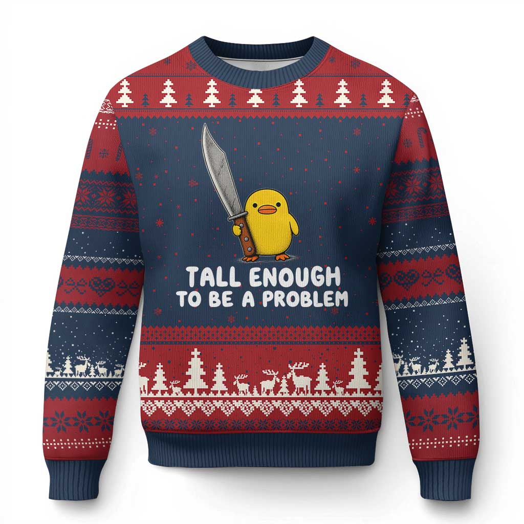 Tall Enough To Be A Problem Funny Duck with Giant Knife Ugly Christmas Sweater