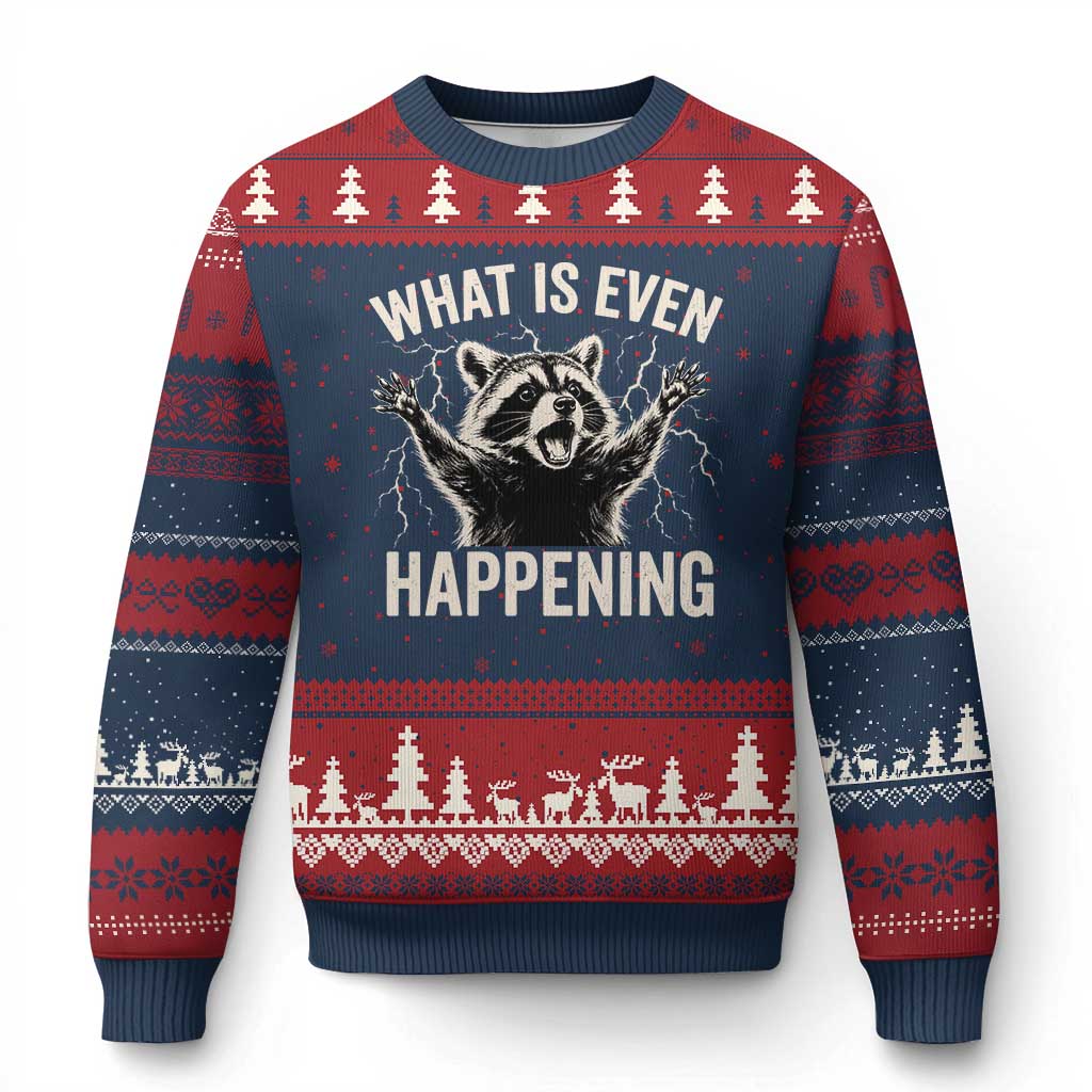 What Is Even Happening Funny Raccoon Ugly Christmas Sweater Screaming Trash Panda Meme Storm TS11 Navy Red Print Your Wear
