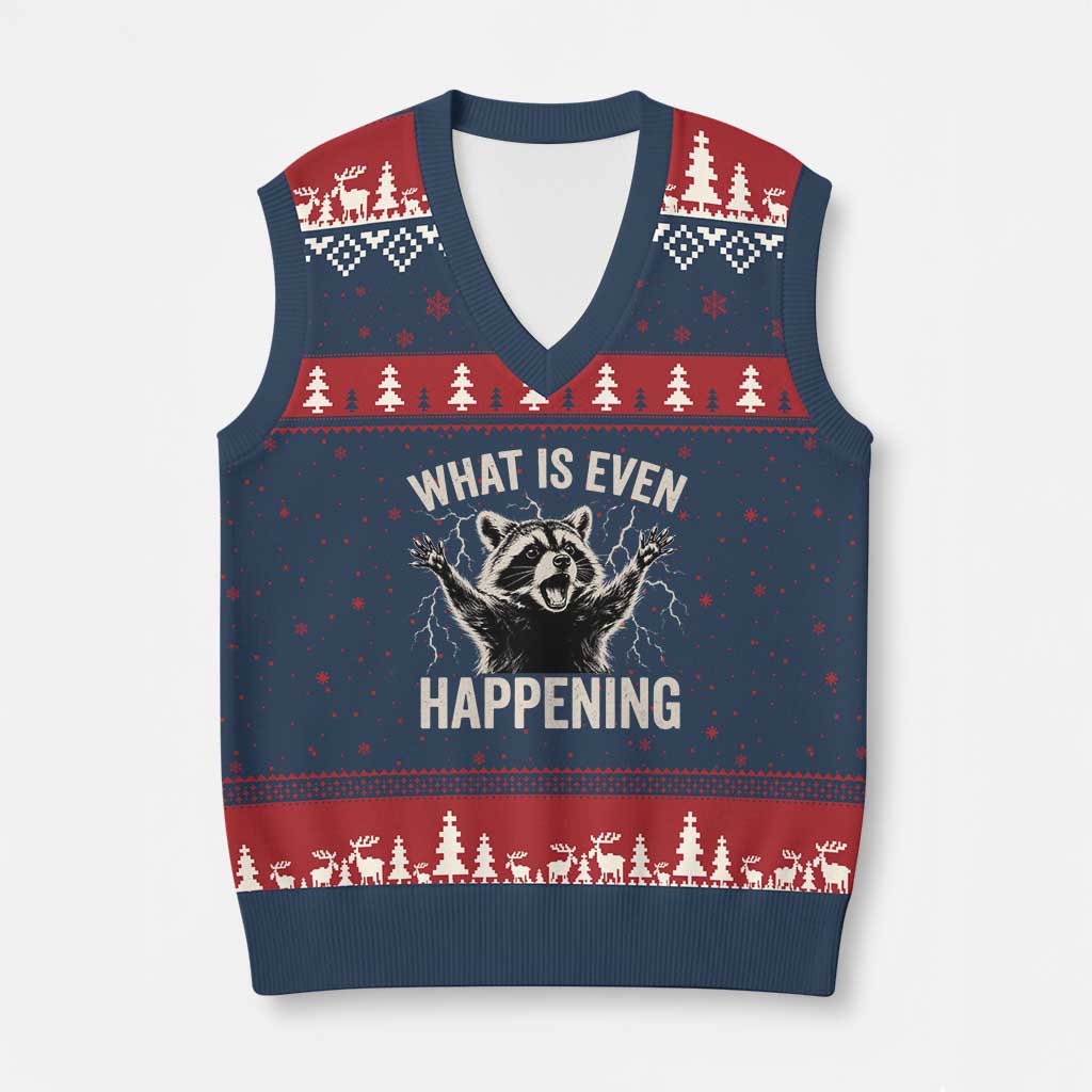 What Is Even Happening Funny Raccoon V-Neck Knit Sweater Vest Screaming Trash Panda Meme Storm TS11 Navy Red Print Your Wear