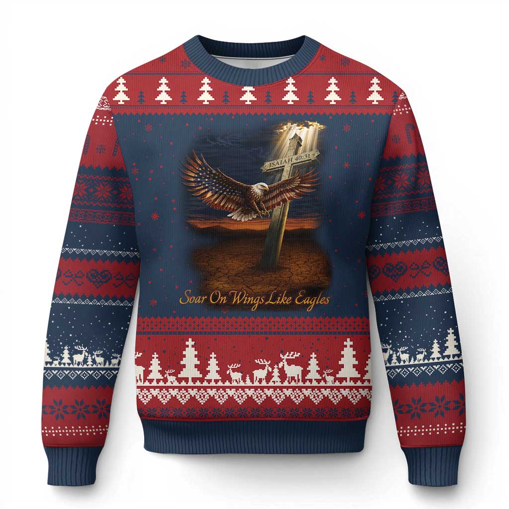 Soar On Wings Like Eagles Christian Faith Ugly Christmas Sweater Isaiah 40:31 Bible Verse TS11 Navy Red Print Your Wear