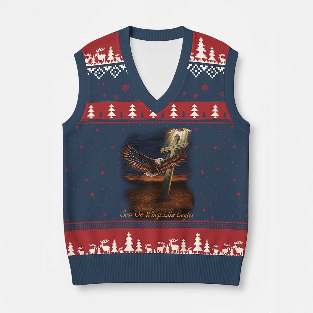 Soar On Wings Like Eagles Christian Faith V-Neck Knit Sweater Vest Isaiah 40:31 Bible Verse TS11 Navy Red Print Your Wear