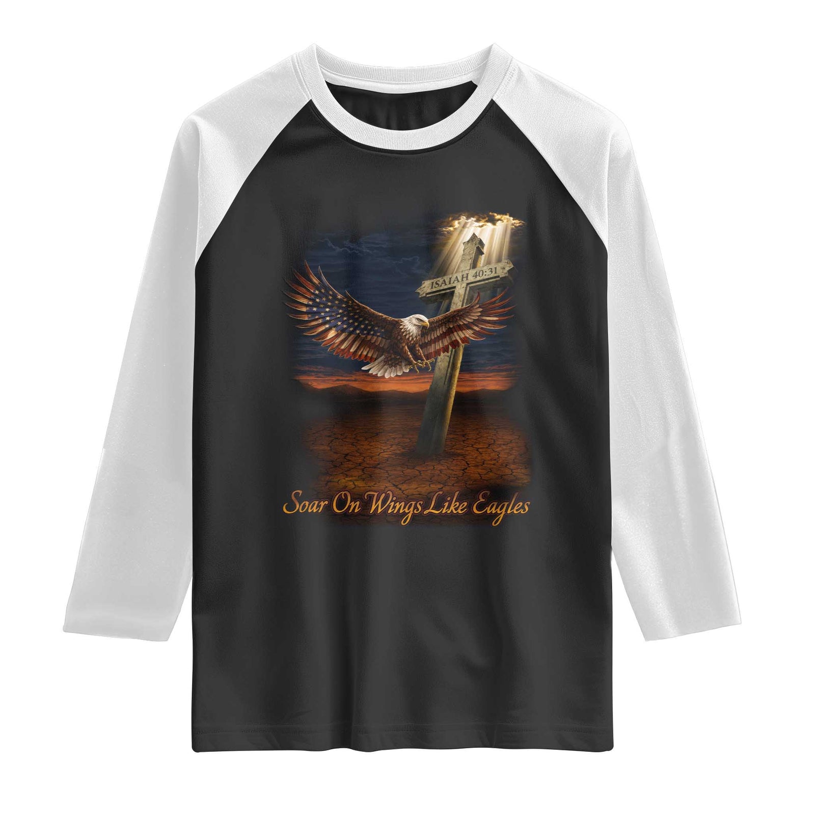Soar On Wings Like Eagles Christian Faith Raglan Shirt Isaiah 40:31 Bible Verse TS11 Black White Print Your Wear
