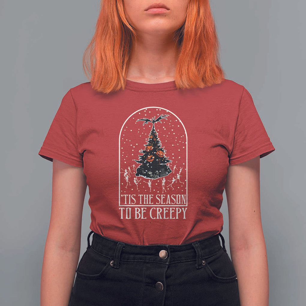 Halloween Christmas T Shirt For Women Tis The Season To Be Creepy Xmas Tree Skeleton Snowy TS11 Red Print Your Wear